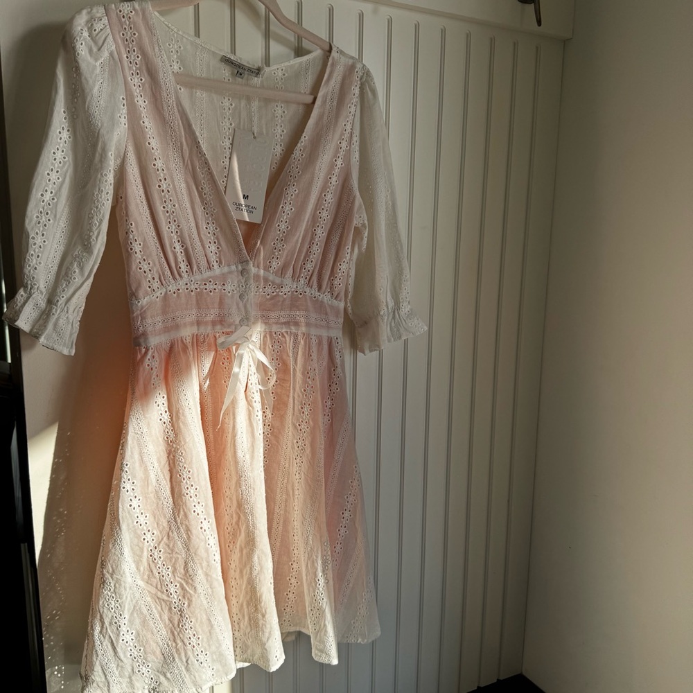 White Eyelet Cotton Coastal Cowgirl Festival Garden Girl Mini Dress Euro Summer - Picture 3 of 11